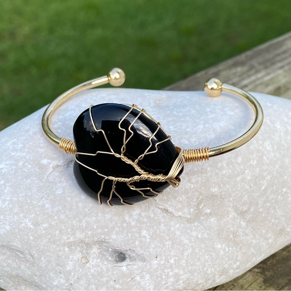Genuine Black Onyx gemstone Heart Bracelet tree of life wire wrapped bracelet - Picture 1 of 12